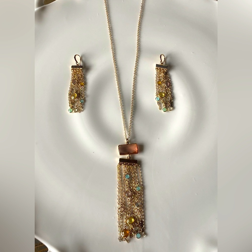 Ann Taylor Loft 34 inchGold Gemstone necklace with matching earrings